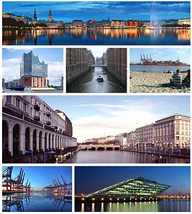 1st row: View of the Binnenalster; 2nd row: Große Freiheit, Speicherstadt, River Elbe; 3rd row: Alsterfleet; 4th row: Port of Hamburg, Dockland office building