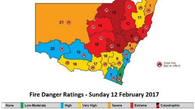 Red alert: An upgraded fire warning for NSW released by the Rural Fire Service on Sunday.