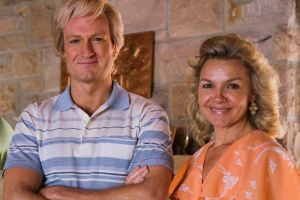 Josh Lawson as Paul Hogan (centre) with  Ryan Corr and Justine Clarke in <i>Hoges</i>.