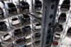 Rows of cars stacked and stored at Volkswagen factory