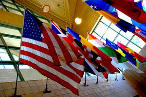 Westminster College diversity in student body with their countries flags, Fulton, Missouri, USA.