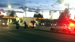 An officer points a gun at a suspect accused of waving around a two-by-four at East 41st and Knight streets in East Vancouver, Sat., Nov. 22, 2014. (Witness photo)