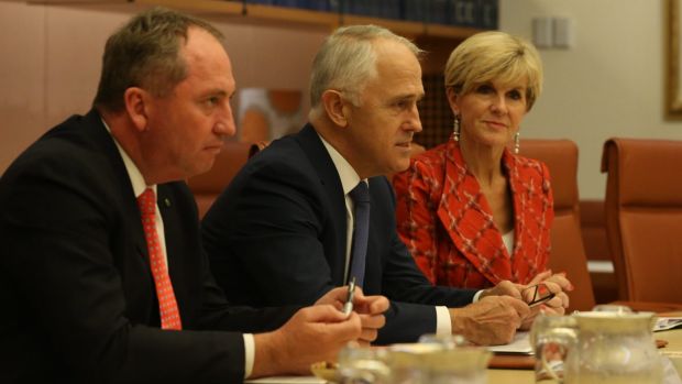 Prime Minister and Liberal leader Malcolm Turnbull with Nationals leader and Deputy Prime Minister Barnaby Joyce and ...