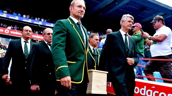 Francois Pienaar and Morne du Plessis during the Memorial service of Joost van der Westhuizen