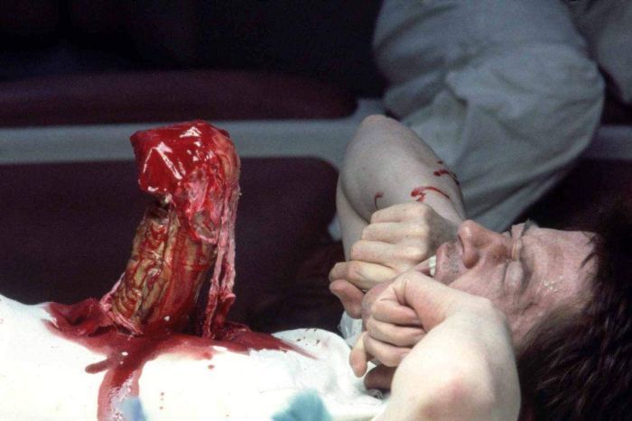 Alien comes out from John Hurt's stomach in the 1979 film Aliens