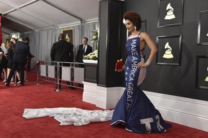 Joy Villa wears a gown that says "Make America Great Again" at the 59th annual Grammy Awards at the Staples Center on Sunday, Feb. 12, 2017, in Los Angeles