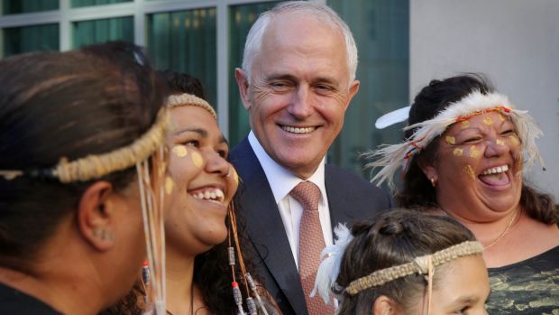 Prime Minister Malcolm Turnbull with Ngunnawal elders at an Indigenious function on Monday night.