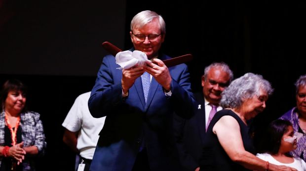 Former prime minister Kevin Rudd was presented with a boomerang during the Redfern Statement breakfast in the Great Hall ...