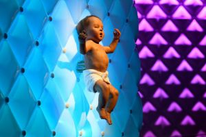  An animatronic baby is displayed during the press preview for the 'Robots' exhibition at the Science Museum  in London.