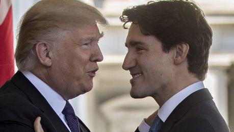 US President Donald Trump greets Canada's Prime Minister Justin Trudeau.