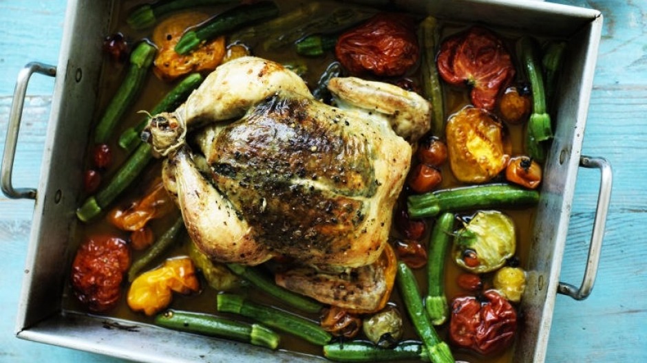 Herb butter roast chicken with summer vegetables.