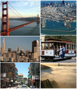 Images from top, left to right: Golden Gate Bridge, Aerial view of Fisherman's Wharf, San Francisco, Financial District, San Francisco with Transamerica Pyramid, San Francisco's historic San Francisco cable car system, Chinatown, San Francisco, and the Golden Gate Bridge with fog