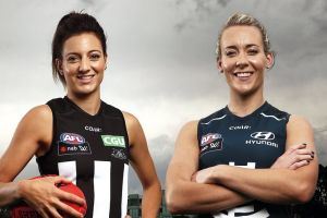 Opposing AFLW captains Steph Chiocci of the Magpies and Lauren Arnell of the Blues.