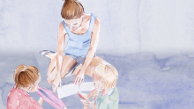 A mother sits with her children in a domestic violence shelter in Brisbane.