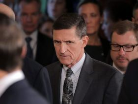 White House National Security Adviser Michael Flynn arrives to a news conference in Washington, February 13, 2017.