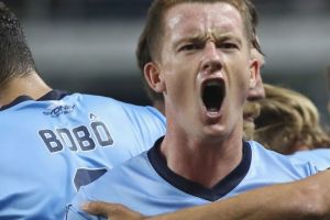 SYDNEY, AUSTRALIA - NOVEMBER 05:  Brandon O'Neill of Sydney FC celebrates a goal scored by David Carney of Sydney FC ...