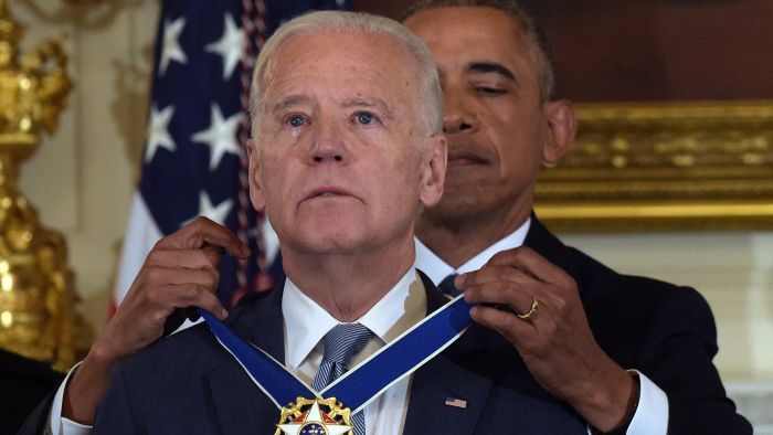 Barack Obama awards a teary Joe Biden the Presidential Medal of Freedom. (Photo: AP/Susan Walsh)