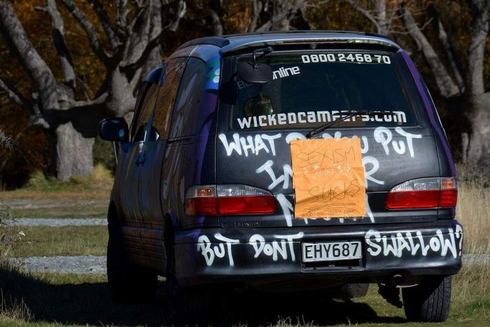 Wicked camper van with message obscured