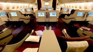 Business class on board the Qatar Airways Boeing 777-200LR aircraft.