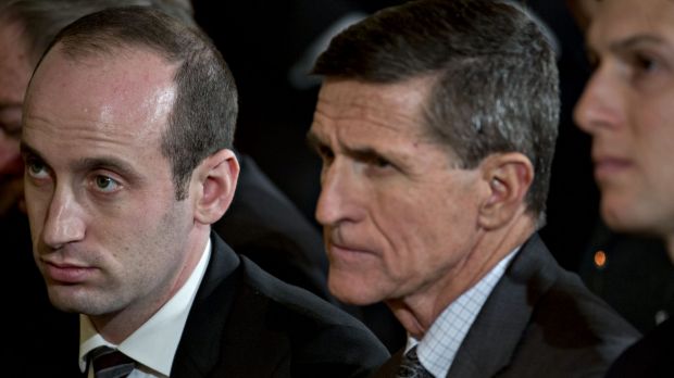 Stephen Miller, White House senior adviser for policy, left, Michael Flynn and Jared Kushner listen during a news ...