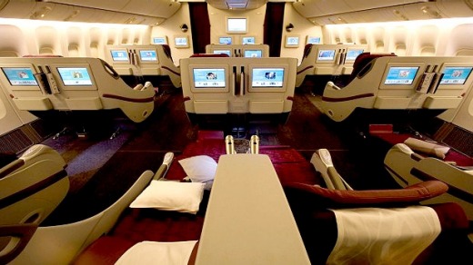 Business class on board the Qatar Airways Boeing 777-200LR aircraft.