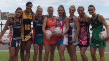 Representatives from the eight Super Netball franchises at the season launch in Sydney.