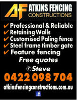 ATKINS FENCINGCONSTRUCTIONSProfessional & ReliableRetaining Wallsv Customised Paling fencev Steel frame timber gateFeature fencingFree quotesSteve0422 098 704atkinsfencingconstructions,com.au