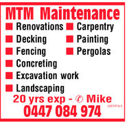 MTM MaintenanceRenovations CarpentryDeckingPaintingFencingPergolasConcretingExcavation workLandscaping20 yrs exp - Mike0447 084 9742037074v3