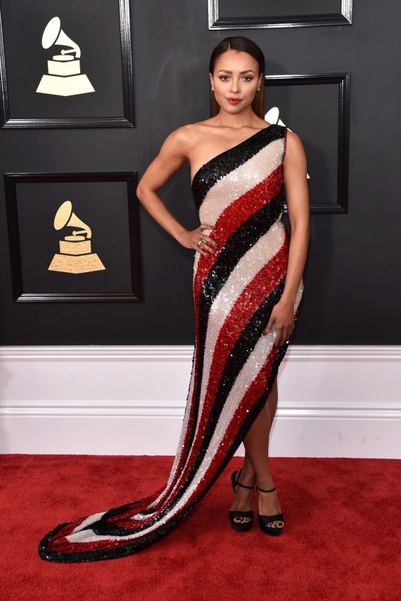 Kat Graham knows her diagonals at the 59th GRAMMY Awards at STAPLES Center on February 12, 2017 in Los Angeles, California.