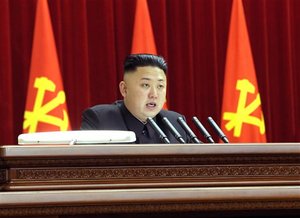 In this Sunday, March 31, 2013 photo released by the Korean Central News Agency (KCNA) and distributed in Tokyo Monday, April 1, 2013 by the Korea News Service, North Korean leader Kim Jong Un gives a speech during a plenary meeting of the central committee of the ruling Workers' Party in Pyongyang, North Korea.