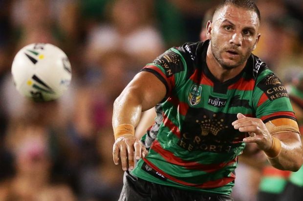 SYDNEY, AUSTRALIA - FEBRUARY 11: Robbie Farah of the Rabbitohs passes during the NRL trial match between the Manly Sea ...