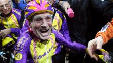 French cyclist Robert Marchand, 105, reacts after setting a record for distance cycled in one hour.