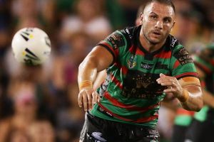 SYDNEY, AUSTRALIA - FEBRUARY 11: Robbie Farah of the Rabbitohs passes during the NRL trial match between the Manly Sea ...