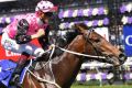 Hugh Bowman winning the Coolmore Stud Stakes at Flemington on Derby Day.