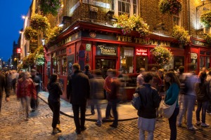 Dublin famed Temple Bar pub district at night.