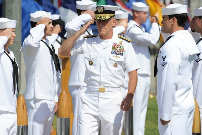 Vice-Admiral Robert Harward salutes during a SEAL Team 5 change of command ceremony in San Diego on July 11, 2011.