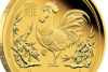 A one ounce year of the rooster gold coin with rooster stamped on it, by Perth Mint