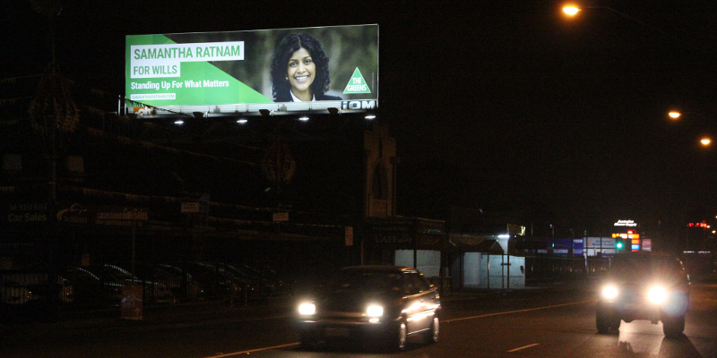 Billboard for Greens Samantha Ratnam in Wills in North Coburg