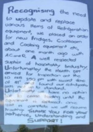 A left on the door of the Central Cafe in Gungahlin. The note appeared above a closure notice.