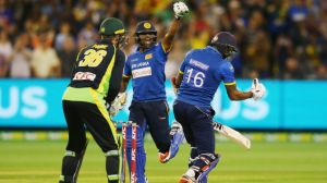 Big win: Seekkuge Prasanna of Sri Lanka reacts after Chamara Kapugedera hits the winning runs.