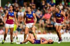 PERTH, AUSTRALIA - FEBRUARY 12: Brianna Green of the Dockers is hits the ground after a hard hit during the 2017 AFLW ...