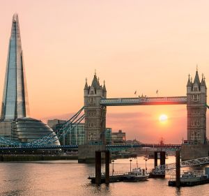 Renzo Piano’s Shard (at left) and Tower Bridge at sunset.