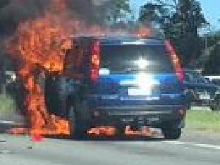 Car on fire on the Monash Freeway. Picture: