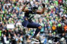 Seahawks defensive lineman Michael Bennett celebrates his sack of Cardinals quarterback Carson Palmer the first possession of their game Saturday, Dec. 24, 2016 at CenturyLink Field. (Genna Martin, seattlepi.com) 
&nbsp;