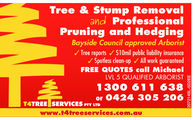 Tree & Stump Removaland ProfessionalPruning and HedgingBayside Council approved ArboristTree reports mil public liability insuranceSpotless clean-up All work guaranteedFREE QUOTES call MichaelLVL 5 QUALIFIED ARBORIST1300 61 1 638or 0424 305 206www.t4treeservices.com.au