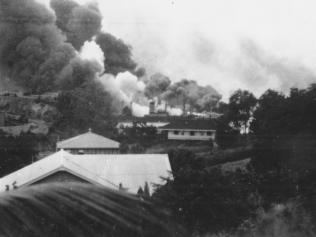 The scene near the Darwin wharf at about 10.20 am on 19 February 1942, viewed from Railway Hill.