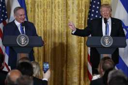 FILE - In this Feb. 15, 2017 file photo, President Donald Trump speaks during a news conference with Israeli Prime Minister Benjamin Netanyahu in the East Room of the White House in Washington. President Donald Trump and his envoys are sending mixed messages about their support for an independent Palestinian state, confusing a world that has traditionally looked for American leadership on one of the Mideast’s most intractable conflicts.