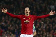 Manchester United's Zlatan Ibrahimovic celebrates after scoring during the Europa League round of 32 first leg soccer match between Manchester United and St.-Etienne at the Old Trafford stadium in Manchester, England, Thursday, Feb. 16, 2017 .