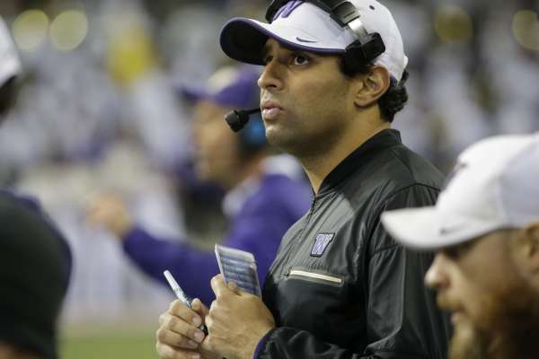 Washington wide receivers coach Bush Hamdan stands on the sideline during an NCAA college football game against Arizona State, Saturday, Nov. 19, 2016, in Seattle. Washington beat Arizona State 44-18. (AP Photo/Ted S. Warren)