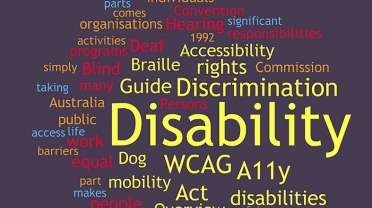 Collage of disability rights words, taken from the Know Your Rights publication